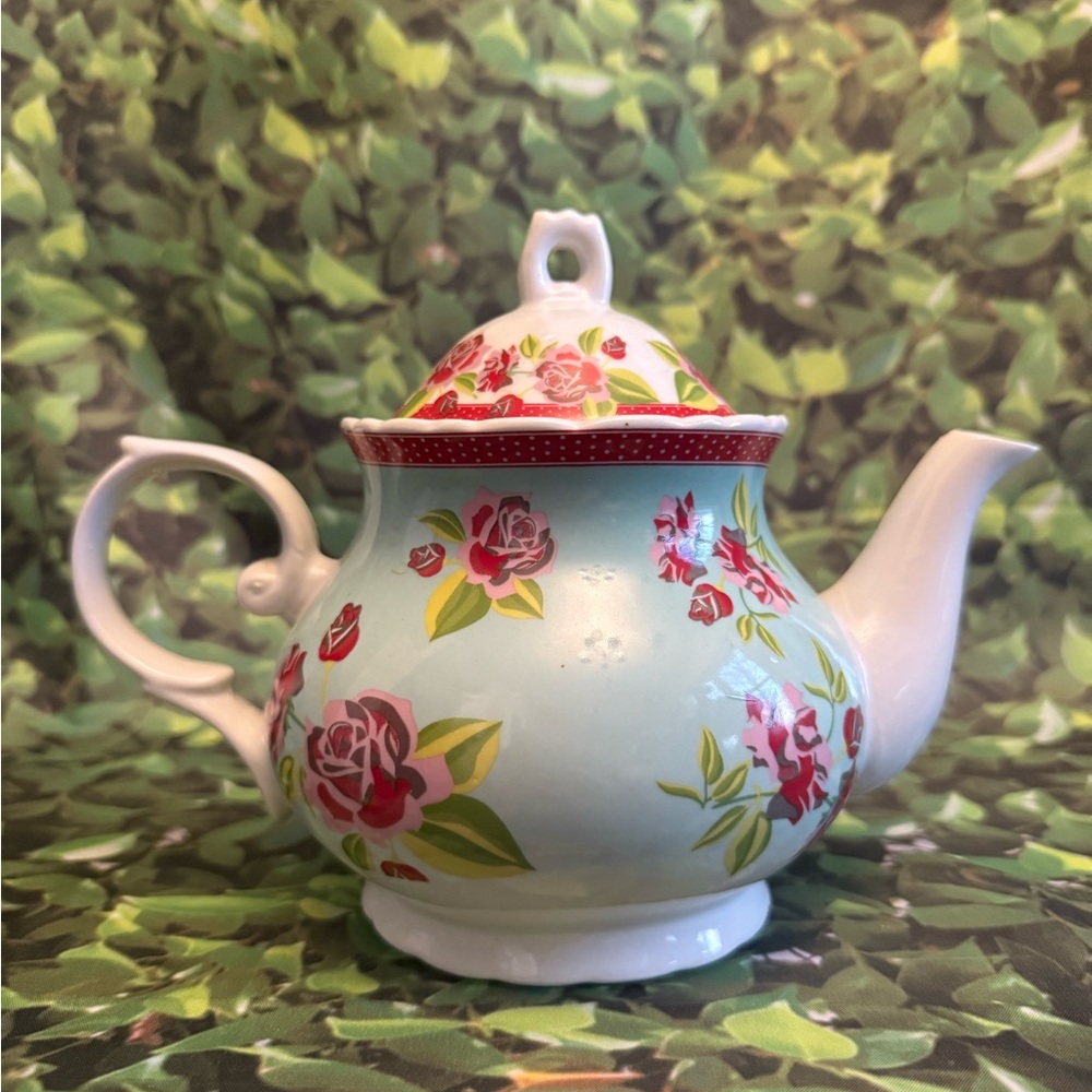 Floral Teapot with Red and Green Accents